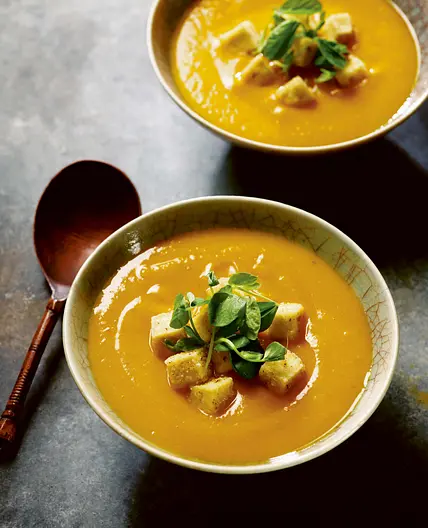 KABOCHA SQUASH SOUP with tofu croutons
