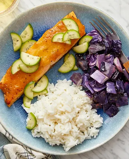 Miso-Maple Salmon with Sesame-Roasted Cabbage & Garlic Rice