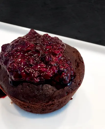 Favorite Mini Fudgy Chocolate Cake with Fresh Blackberry Compote