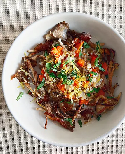 Savory Meyer Lemon Crispy Mushroom Barley Risotto with Fresh Herbs and Wildflower Honey