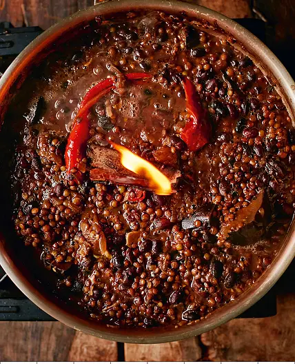SMOKY EGGPLANT DAAL LENTILS, BLACK BEANS, SAVORY SPICE & ROSEMARY