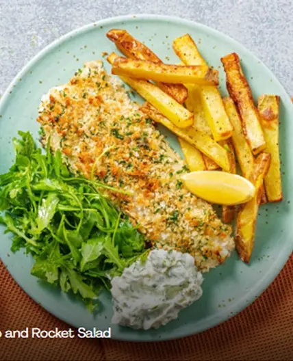 Fish and Chips with Zesty Garlic Mayo and Rocket Salad