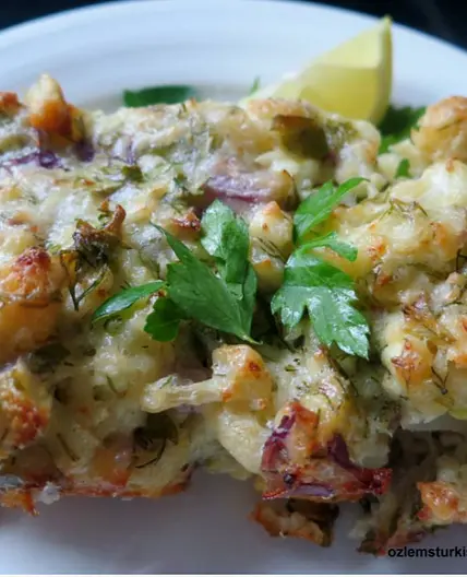 Baked Cauliflower with feta, dill, onions; Karnabahar Mucveri