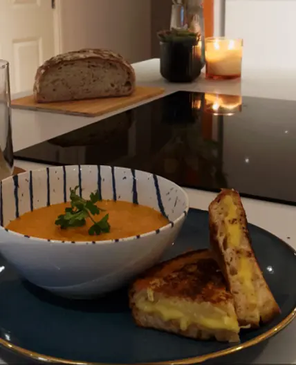Warming Roasted Tomato Soup with Sourdough Grilled Cheese Sandwich