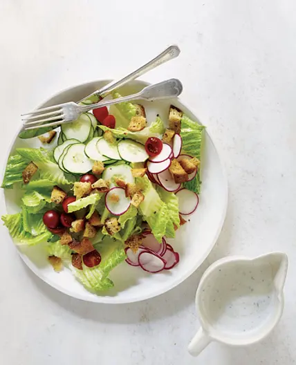 Romaine Salad with Buttermilk Ranch Dressing and Skillet Croutons