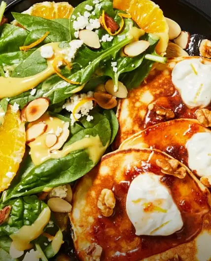 HF - Lemon Ricotta Pancakes with Syrup & Crème plus a Spinach-Orange Salad