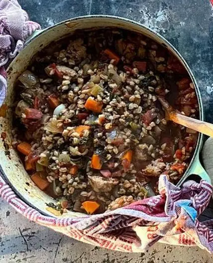Italian Sausage, Farro + Tomato Stew