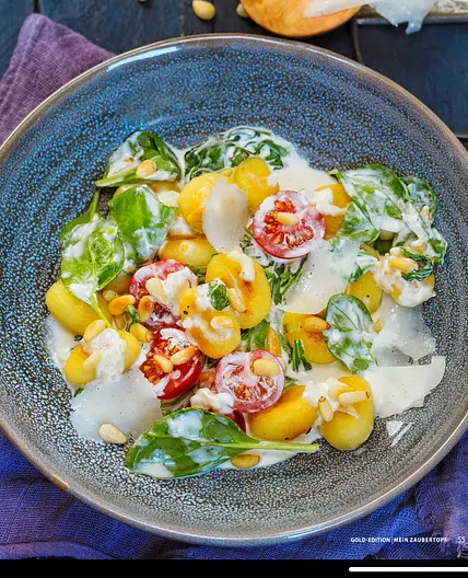 Gebratene Gnocchi mit Spinat und Ziegenfrischkäse (Thermomix)