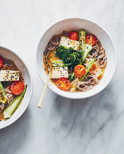 Okra, Roasted Tomato & Buckwheat Noodle Bowl with Miso Ginger Broth