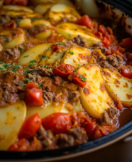 Oven Baked Beef Kefta with Roasted Potatoes, Caramelized Onions and Tomatoes
