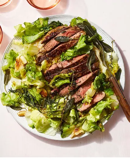 Pan-Seared Steak with Crispy Herbs & Escarole