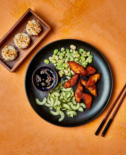 Crispy Soy Basa With Sushi Rice Balls And Edamame Salad