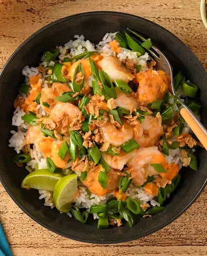Bang Bang Shrimp Bowl with sugar snap peas
