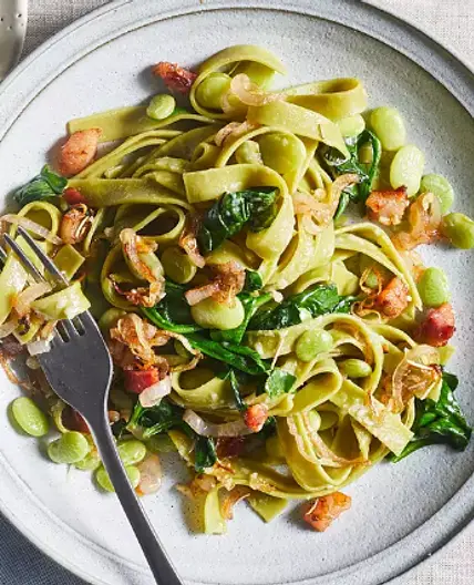 Spinach, Lima Bean & Crispy Pancetta Pasta