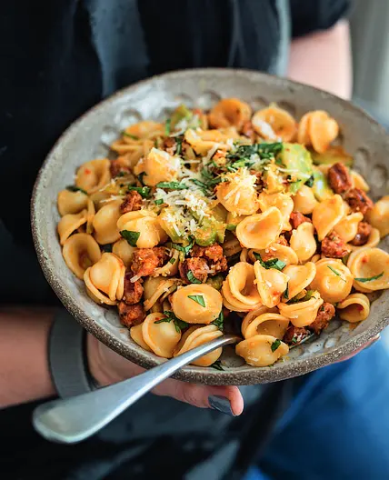 Chorizo and broccoli stalk pasta