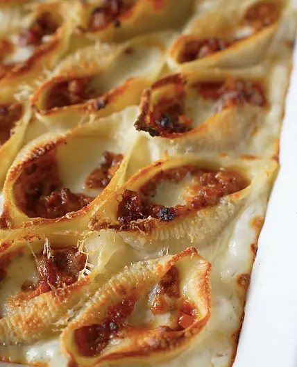 Baked conchiglioni pasta with bolognese