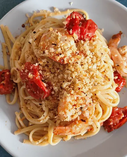 Linguine with Shrimp, Roasted Tomatoes & Chile Breadcrumbs