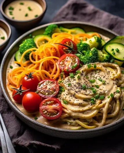 Creamy Vegan Spaghetti with Fresh Veggies and Hummus Sauce