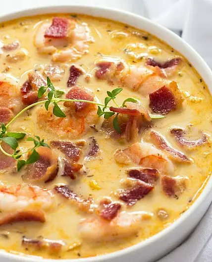 Slow Cooked Prawn, Corn and Bacon Chowder