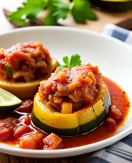 Stuffed Zucchini Braised in Tomato Sauce