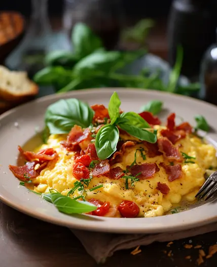 Scrambled eggs with ham and sun-dried tomatoes / Jajecznica z szynką i suszonymi pomidorami
