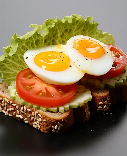 Sandwich with lettuce, yellow cheese, egg, and tomato / Kanapka z sałatą, serem żółtym, jajkiem i pomidorem