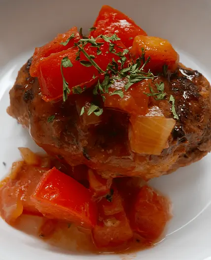 Tomato and Miso Stewed Hambagu    340 g ground beef & ground pork mix The good beef/pork ratio for Hambagu is 2:1 (beef 227g / p