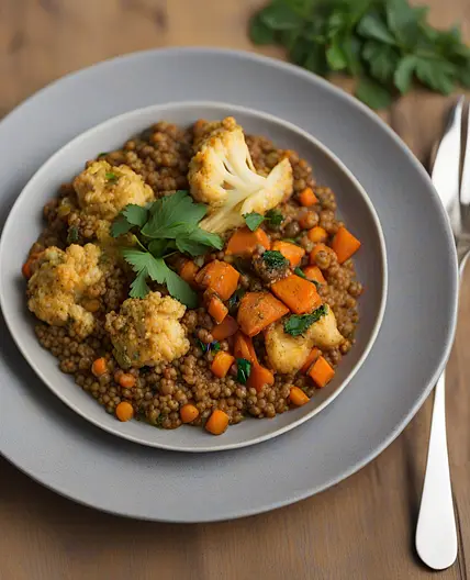 Spiced Lentil and Vegetable Stew, Roasted Cauliflower, Quinoa