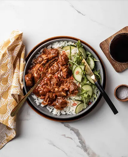 Durban-style Ostrich & Tomato Gravy with white basmati rice