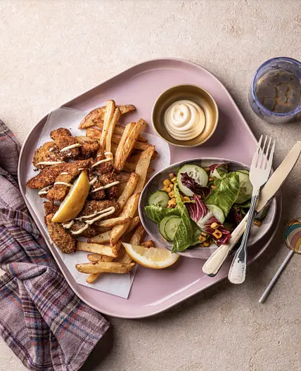Bang Bang Chicken & Fries with lemony charred corn salad