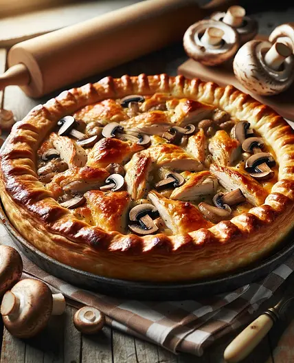Tourte lardons, poulet et champignon