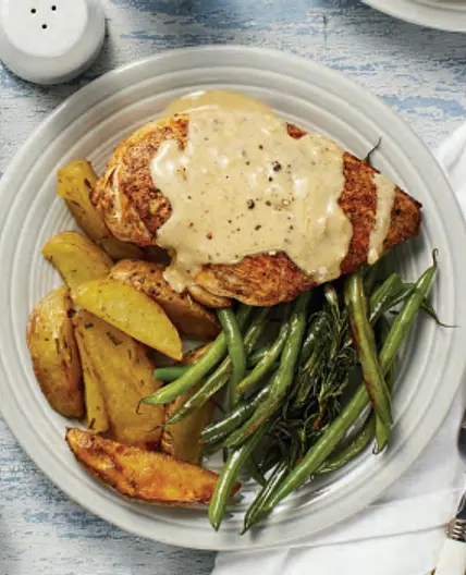 Lemon Peppercorn Chicken with Rosemary Garlic Roasted Potatoes and Green Beans