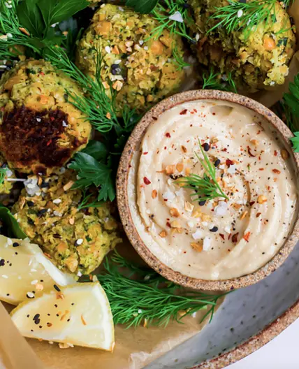 BROCCOLI FALAFEL + TAHINI MISO DRIZZLE