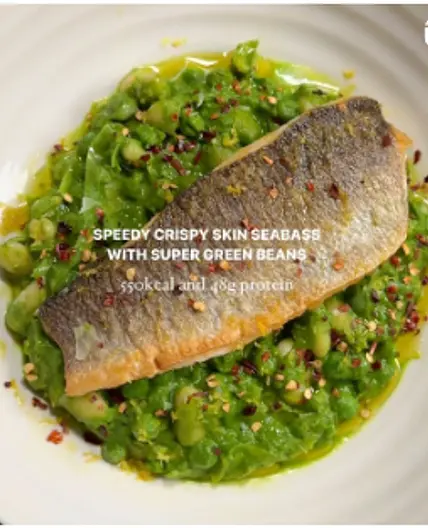 Speedy crispy skin sea bass with super greens