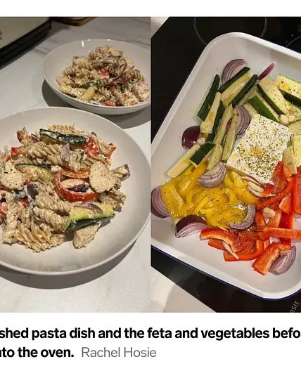 Baked Feta, Chicken and veggie pasta