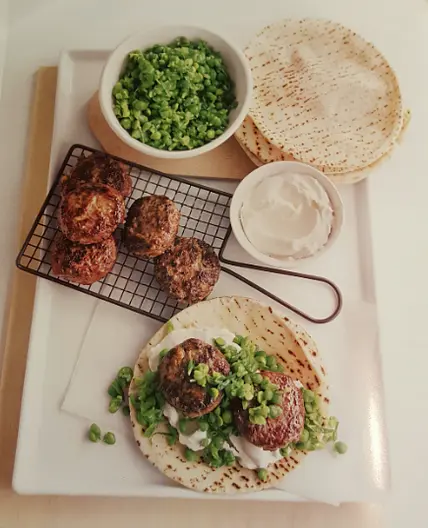 Spiced Beef Patties with Crushed Pea Salad