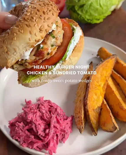Chicken and sundried tomato burgers with crispy sweet potato wedges