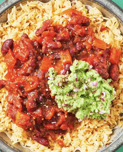 Smoky bbq beans and rice, with guacamole