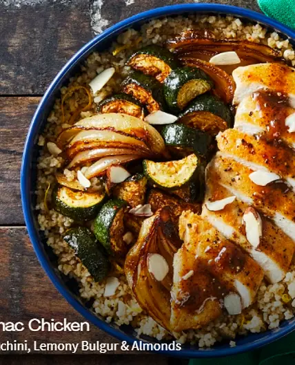 Apricot-Sumac Chicken with Roasted Zucchini, Lemony Bulgur & Almonds