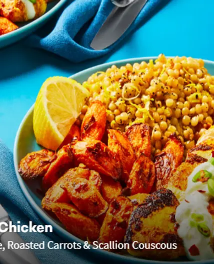 Tunisian-Spiced Chicken with Creamy Garlic Sauce, Roasted Carrots & Scallion Couscous