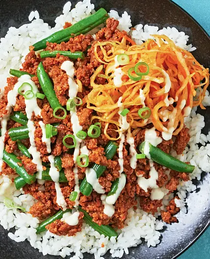 Korean Plant-Based Mince Stir-Fry
with Rice and Cheat's Kimchi