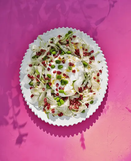 Fennel with burrata, broad beans and pomegranate