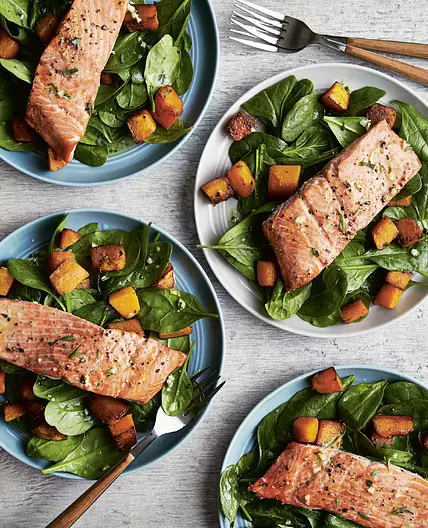 Roasted Salmon, Spinach, and Butternut Squash Salad