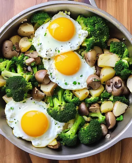 Broccoli with mushrooms , potatoes and eggs 🥦🥔🥚
