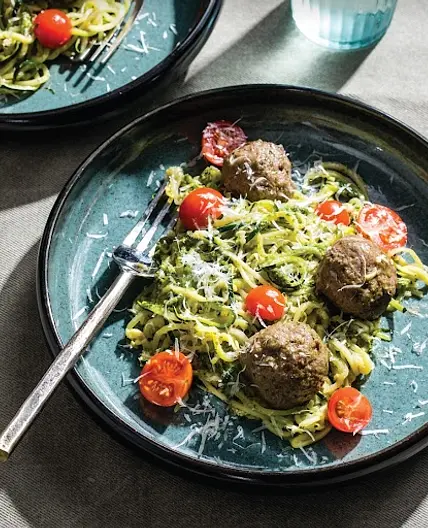 Zucchini Noodles with Pesto Meatballs