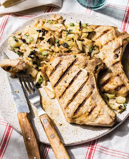 Grilled Thin-Cut Pork Chops with Spicy Barbecue Coleslaw