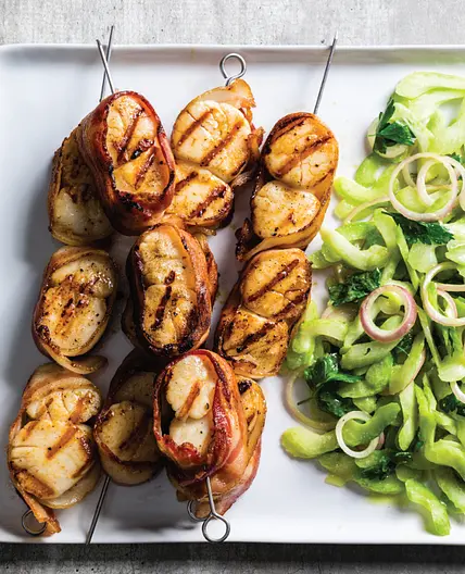 Grilled Bacon-Wrapped Scallops with Celery Salad