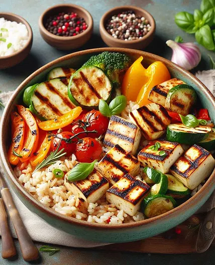 Grilled Halloumi and Roasted Vegetable Rice Bowl