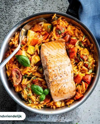 Tomaat orzo met gebakken zalmfilet met courgette en basilicum