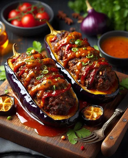 Spicy Chipotle Beef-Stuffed Aubergines with Hot Honey Drizzle